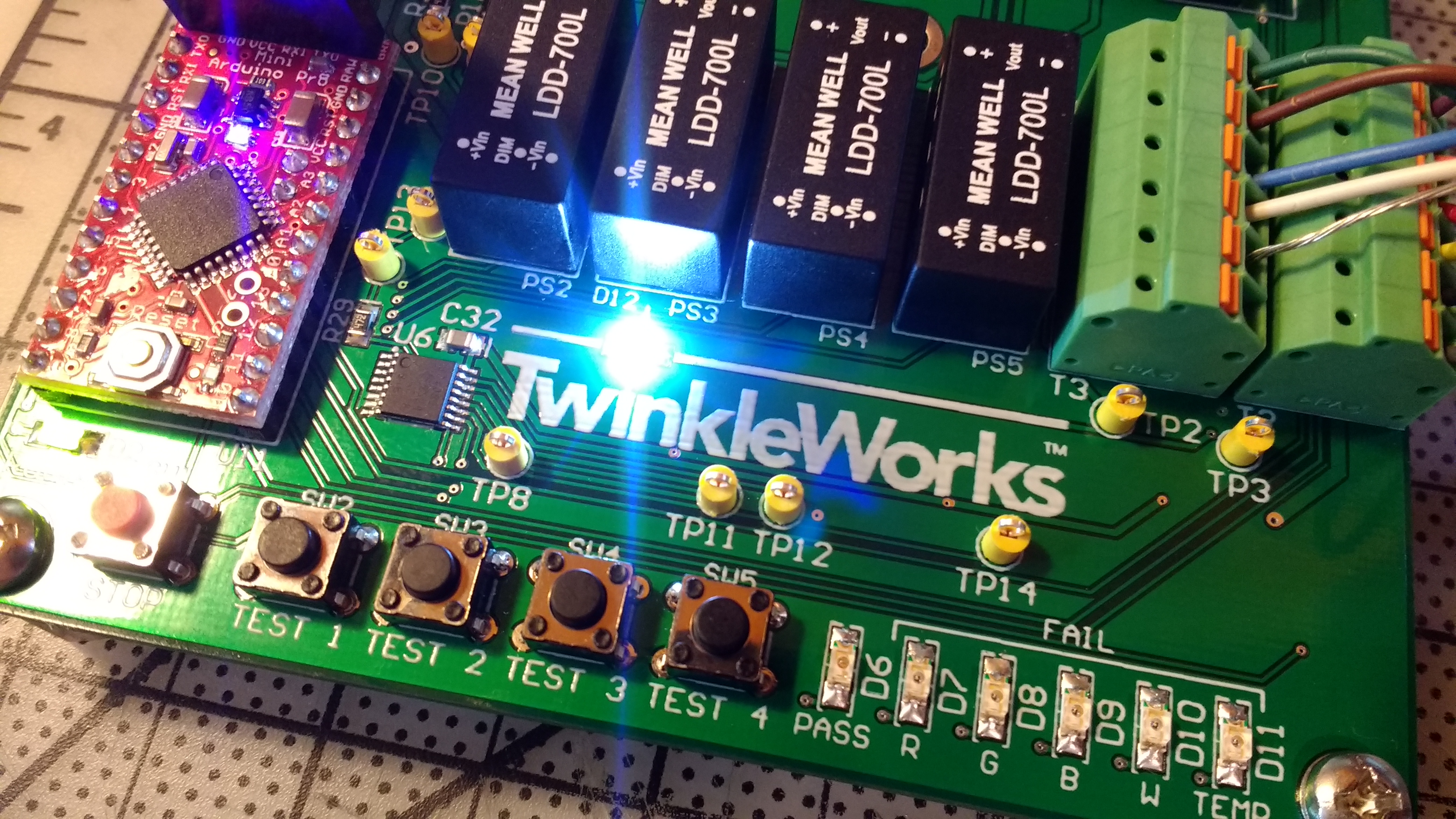 Closeup of TwinkleWorks logo on PCBA